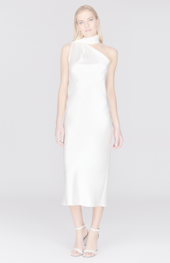 Satin One Shoulder Bias Dress w/ Scarf
