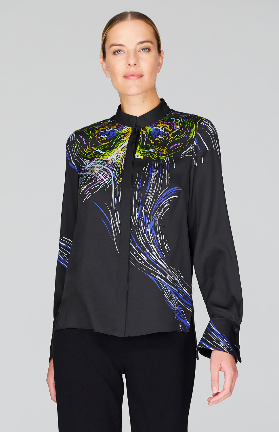 Abstract Butterfly Georgette Mandarin Collar Blouse w/Relaxed Sleeve