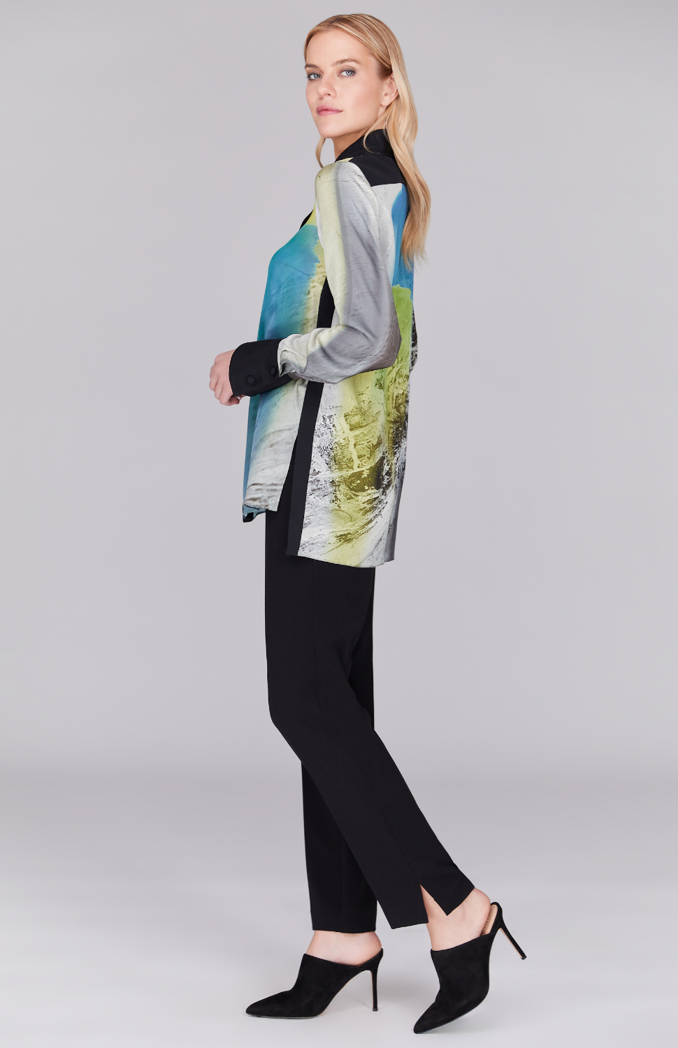 Abstract Landscape Collared Blouse w/ Relaxed Sleeve