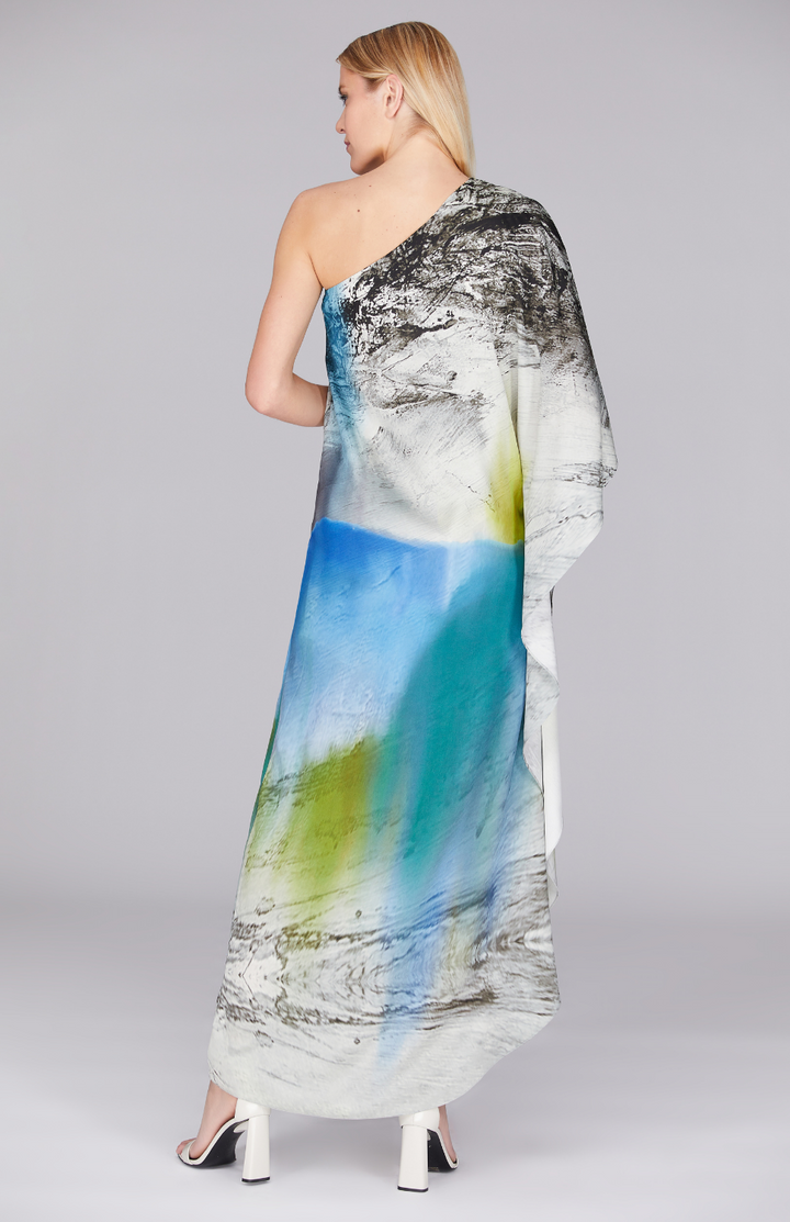 Abstract Landscape One Shoulder Cascade Gown