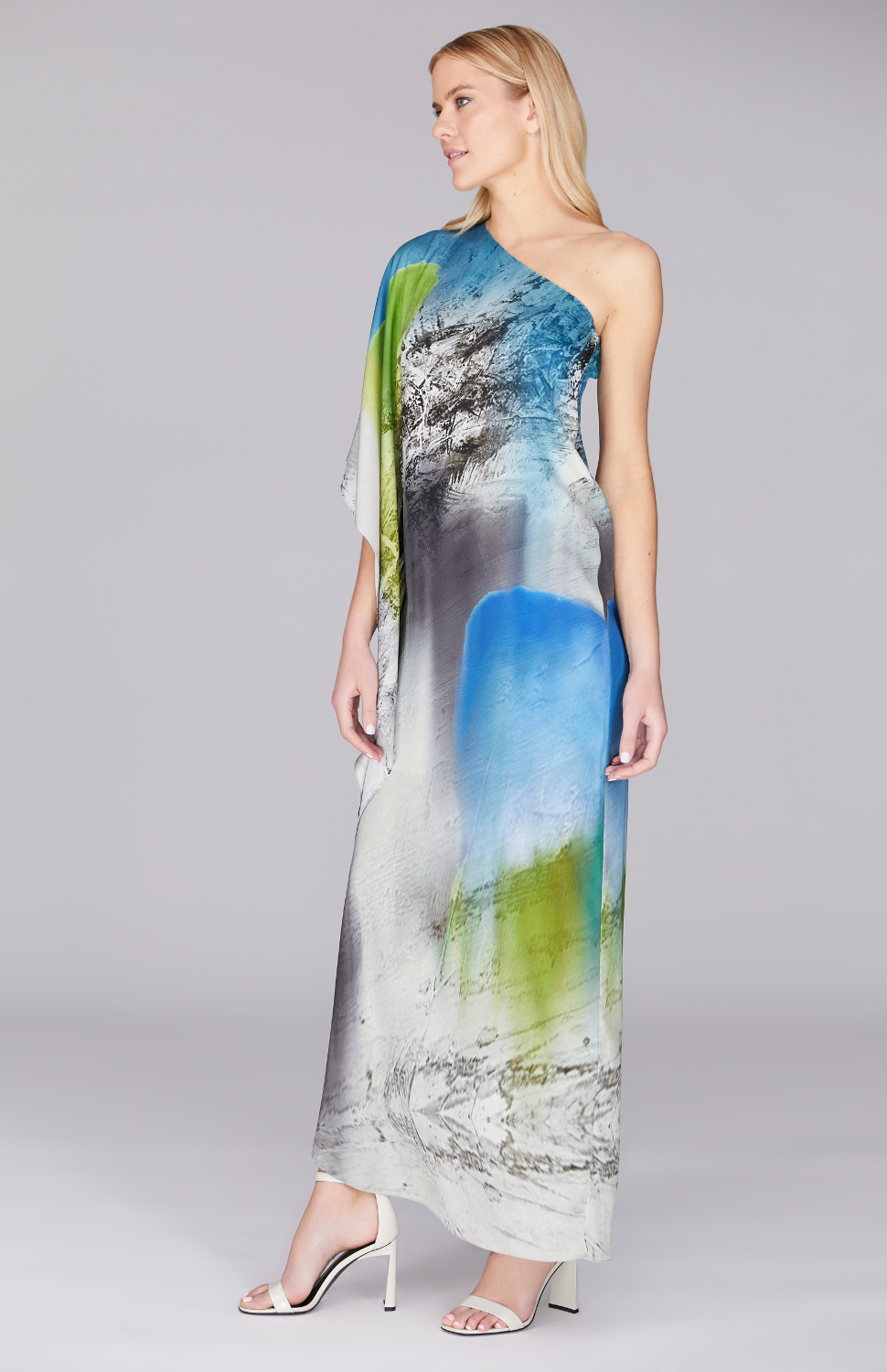 Abstract Landscape One Shoulder Cascade Gown