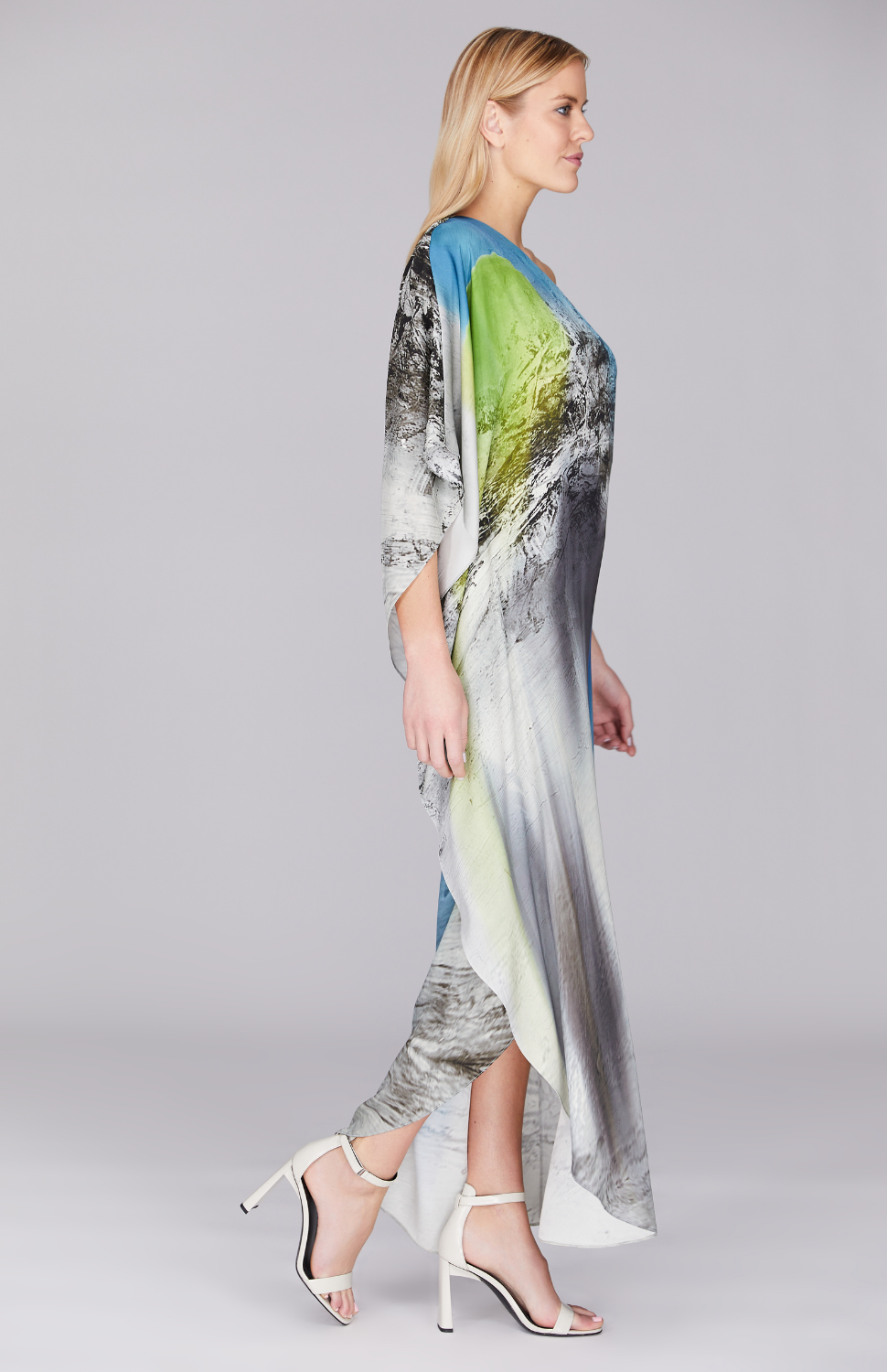 Abstract Landscape One Shoulder Cascade Gown