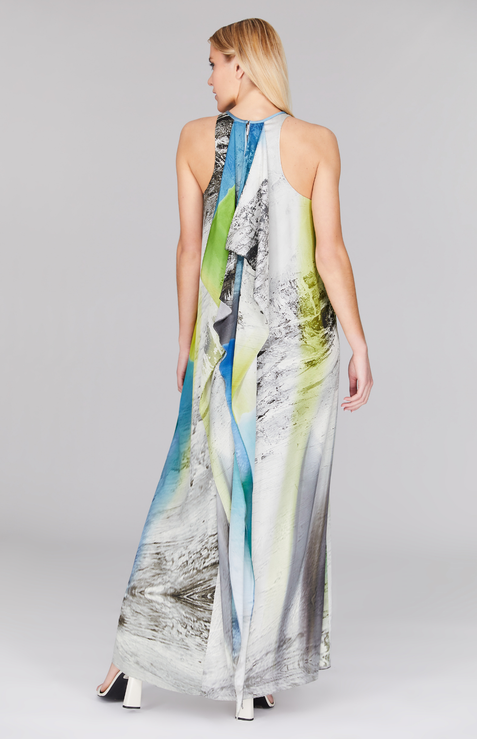 Abstract Landscape Long Trapeze Gown w/ Cascade Back