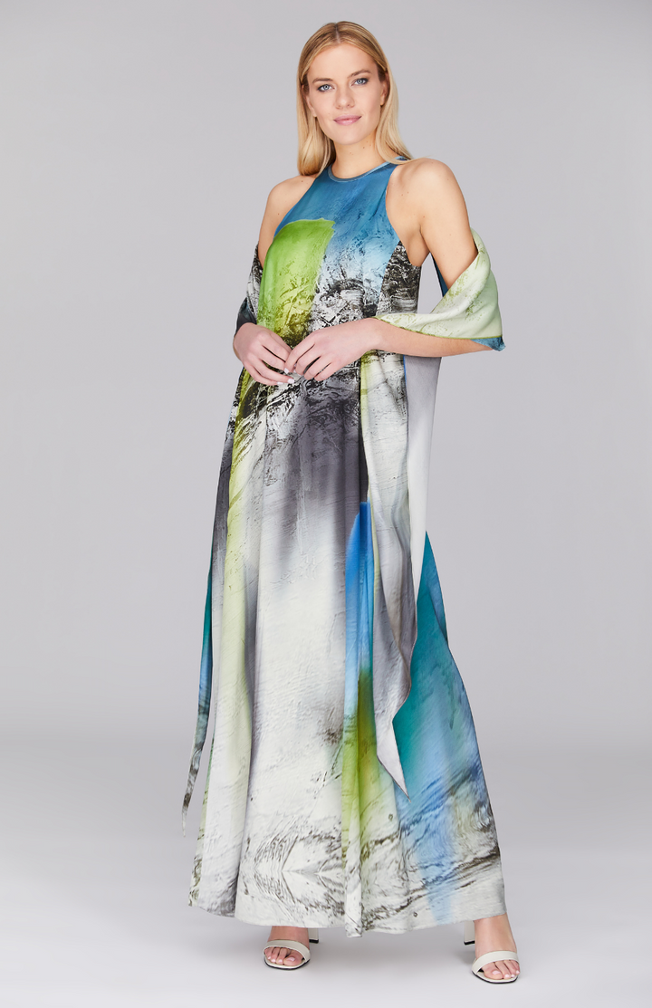 Abstract Landscape Long Trapeze Gown w/ Cascade Back