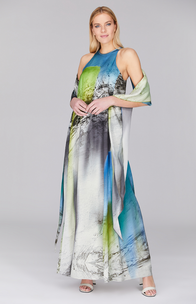 Abstract Landscape Long Trapeze Gown w/ Cascade Back