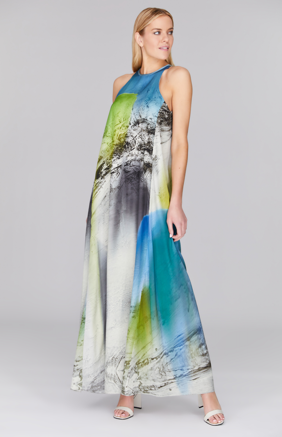 Abstract Landscape Long Trapeze Gown w/ Cascade Back