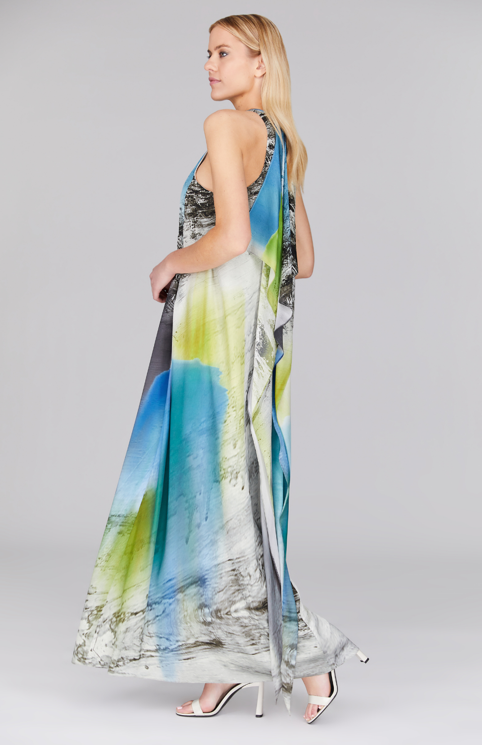 Abstract Landscape Long Trapeze Gown w/ Cascade Back