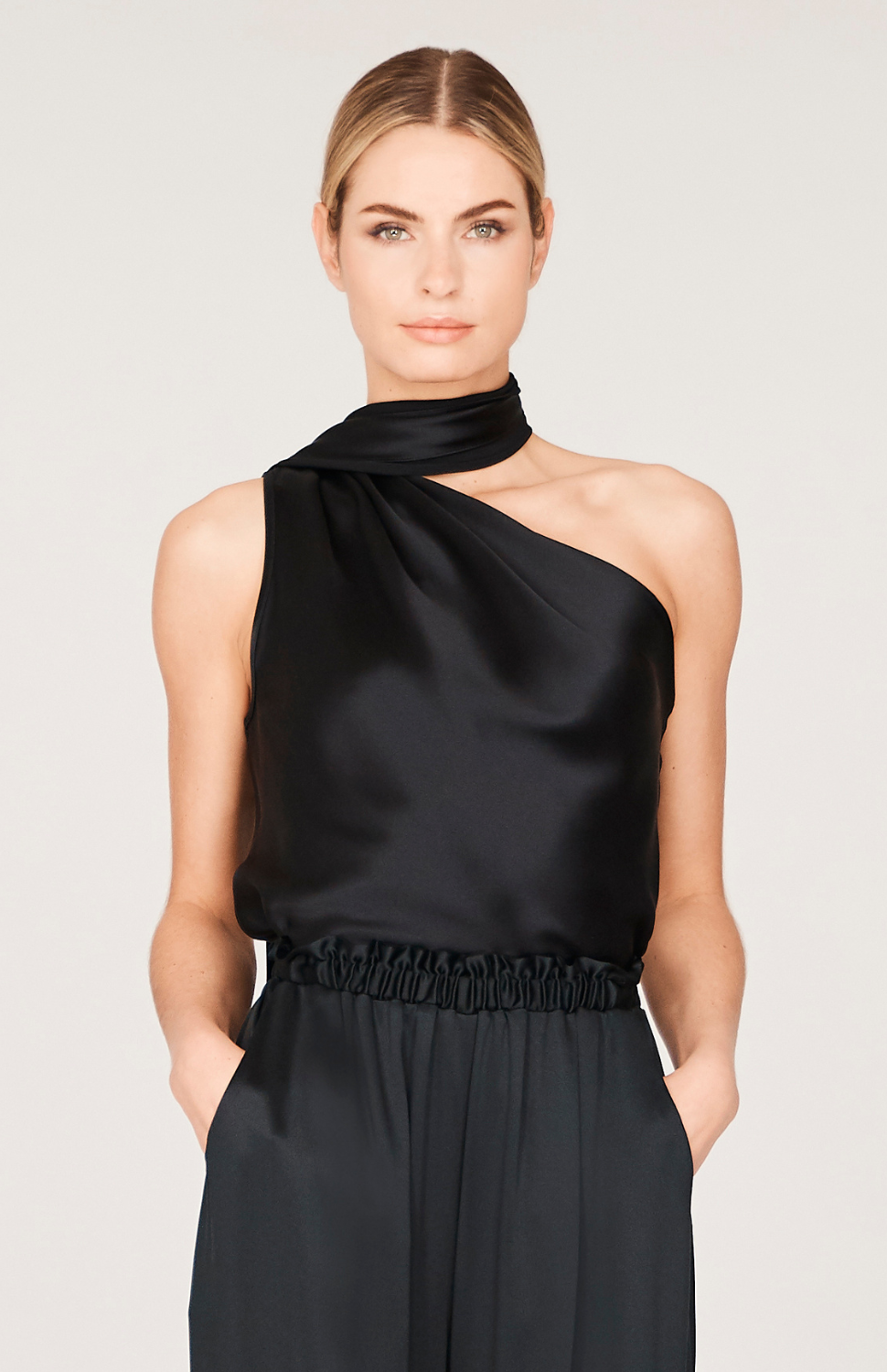 Satin One Shoulder Bias Top w/Scarf