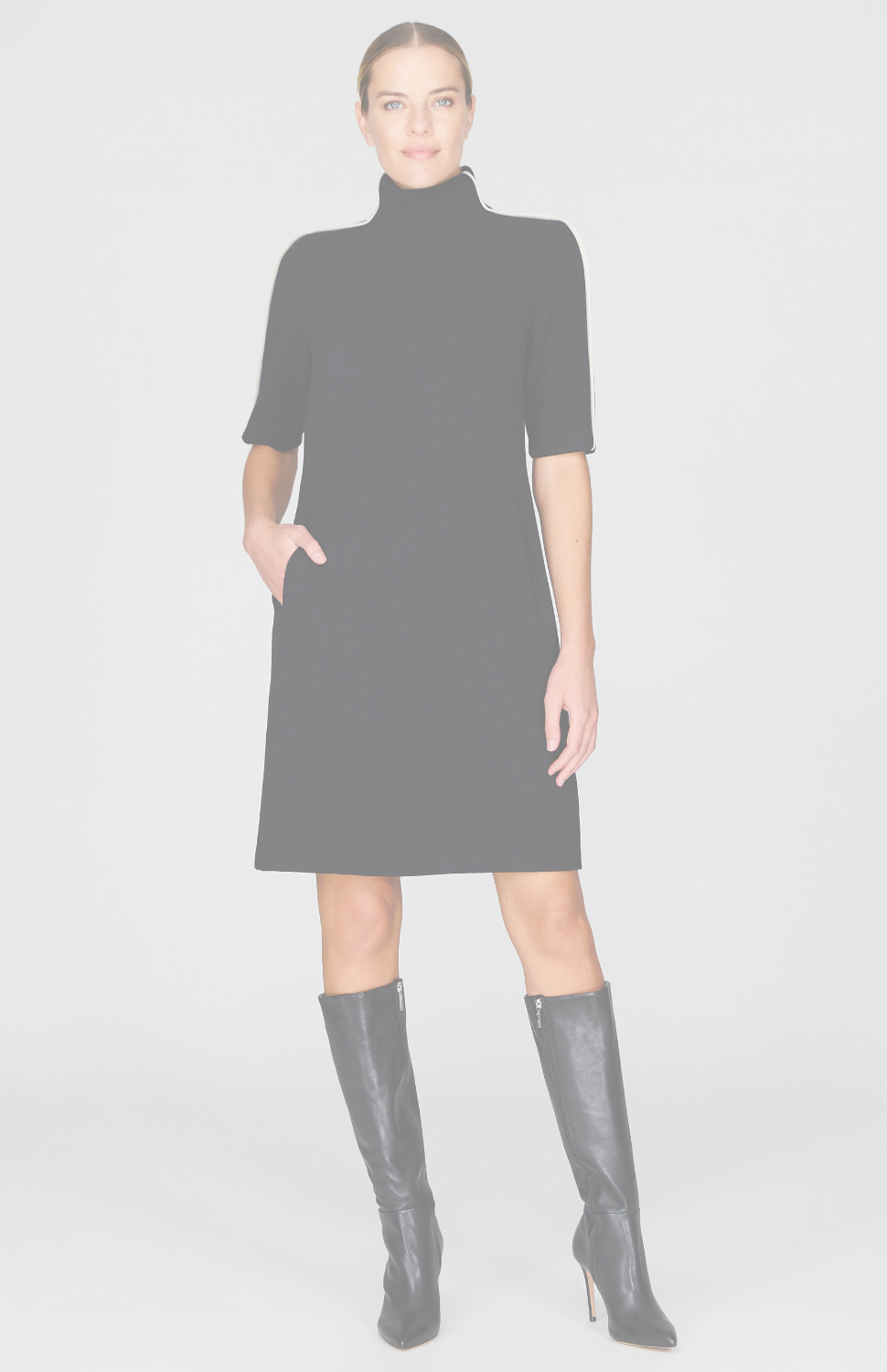 Double Face Turtleneck Shift Dress w/Contrast Bias