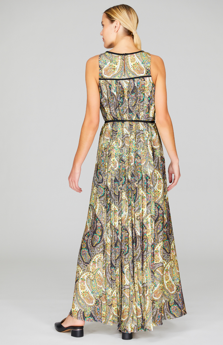 Paisley Print Long Pleat Back Trapeze Gown w/Belt