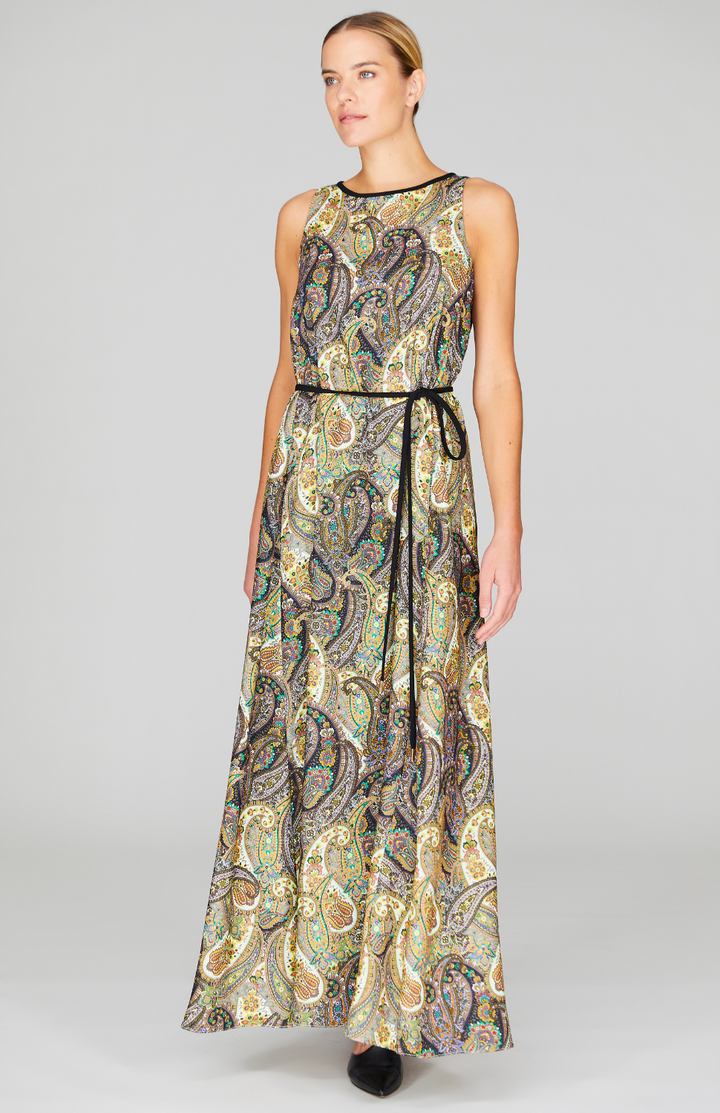 Paisley Print Long Pleat Back Trapeze Gown w/Belt