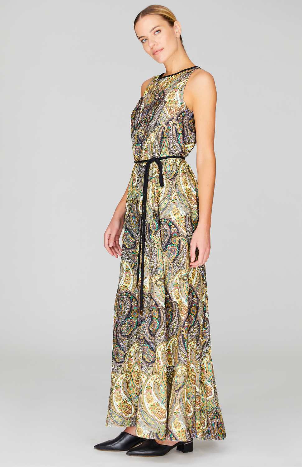 Paisley Print Long Pleat Back Trapeze Gown w/Belt