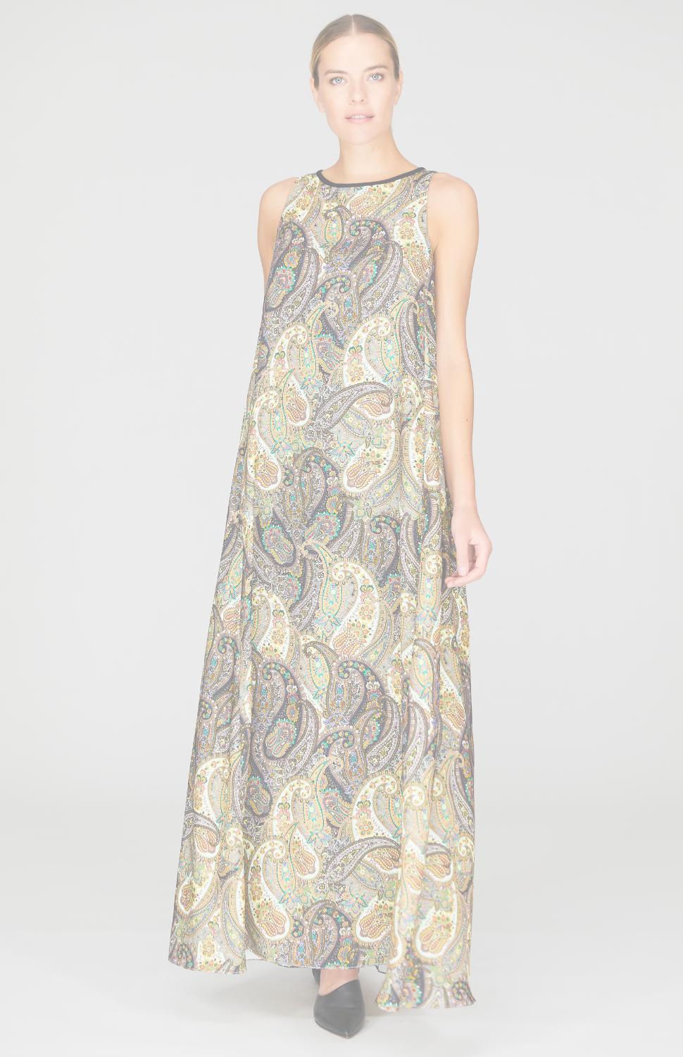 Paisley Print Long Pleat Back Trapeze Gown w/Belt