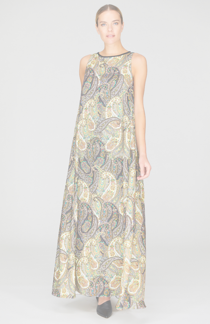 Paisley Print Long Pleat Back Trapeze Gown w/Belt