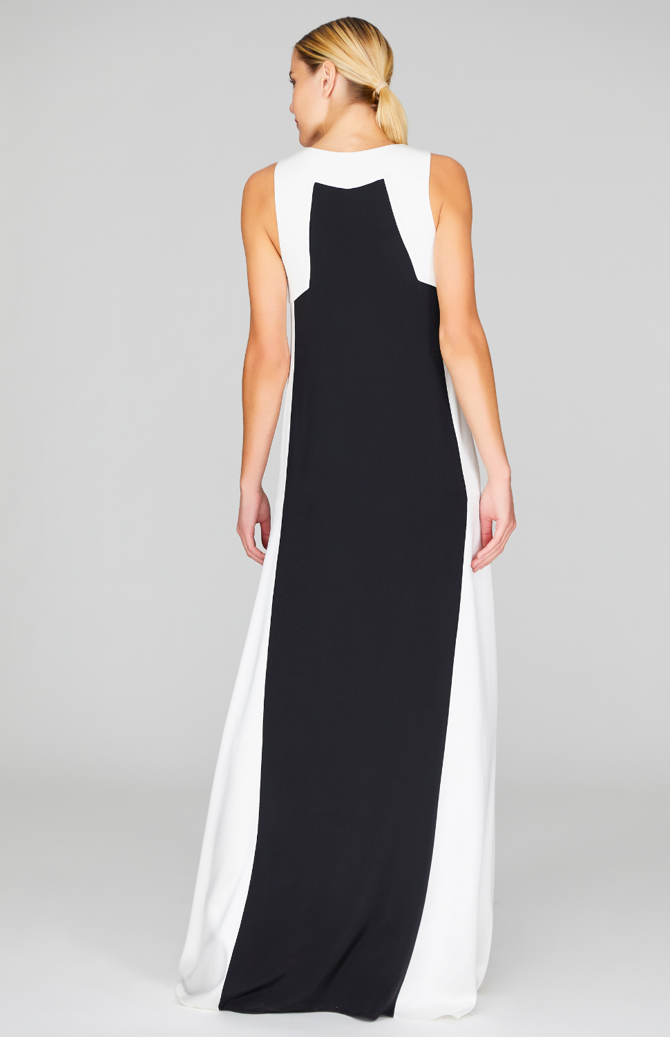 Satin V Neck Gown w/Contrast Panels