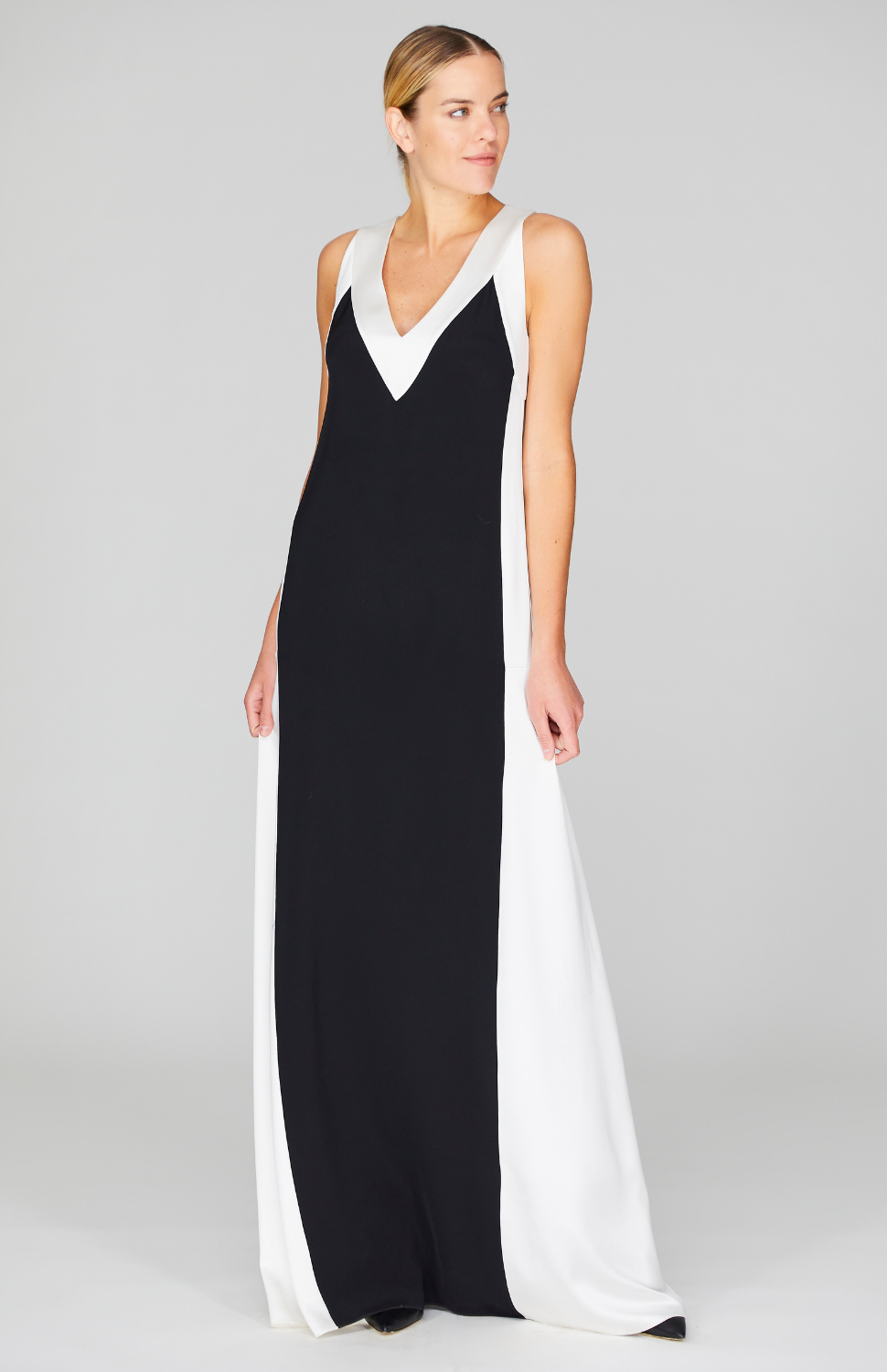 Satin V Neck Gown w/Contrast Panels – Mi Jong Lee