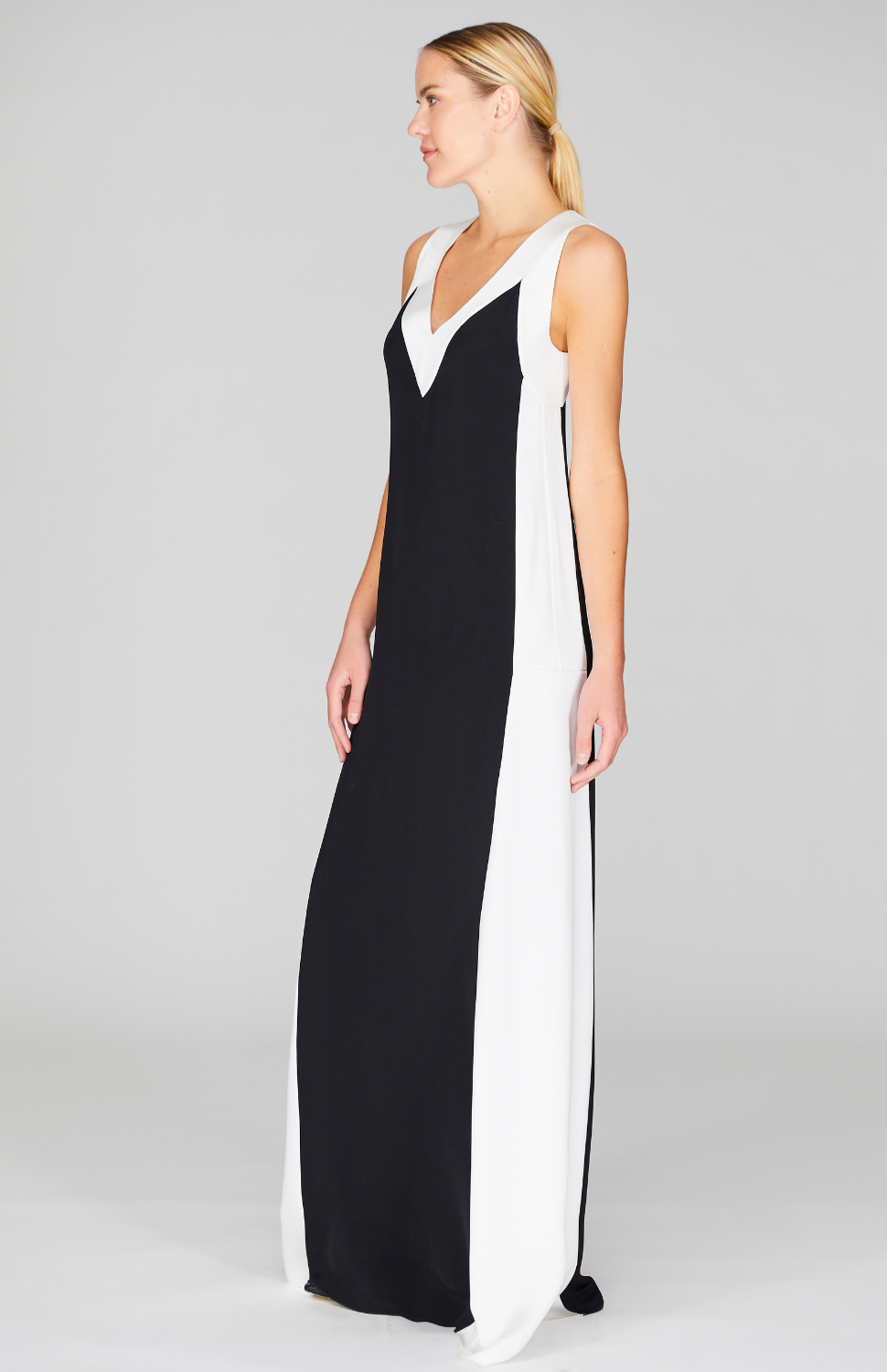 Satin V Neck Gown w/Contrast Panels