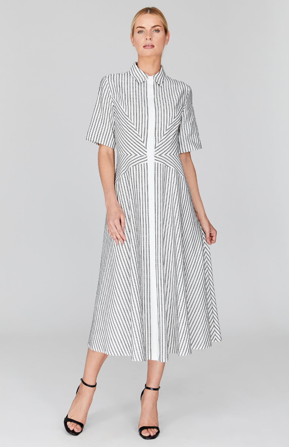 Embroidered Stripe Collared Shirt Dress