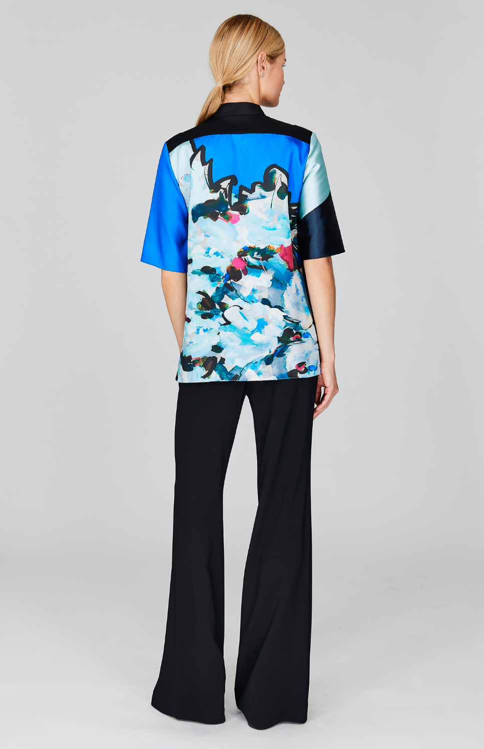 Floral Impression Short Sleeve Mandarin Collar Shirt