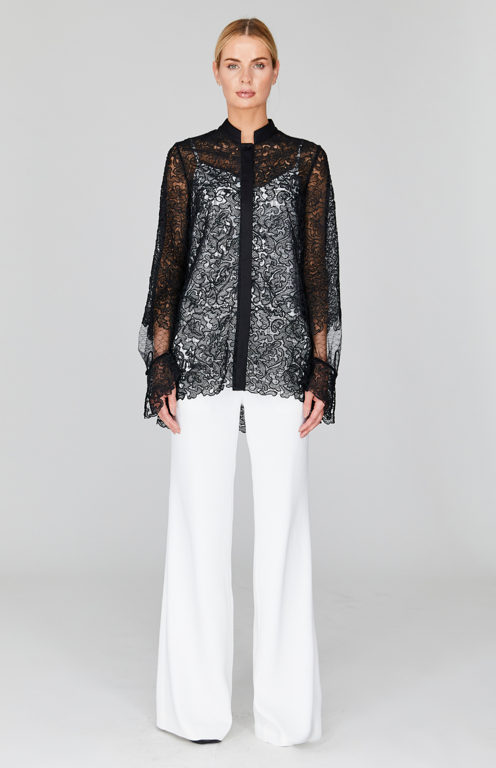 Illusion Lace Mandarin Collar Blouse w/Relaxed Sleeve