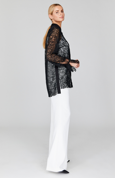 Illusion Lace Mandarin Collar Blouse w/Relaxed Sleeve