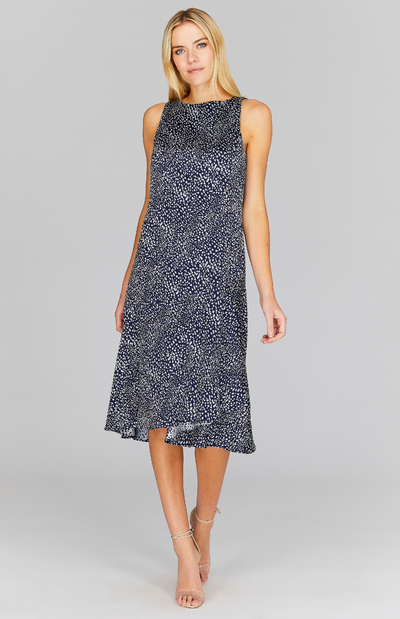 Modern Dot Sleeveless Dress w/ Asymmetric Pleat Skirt