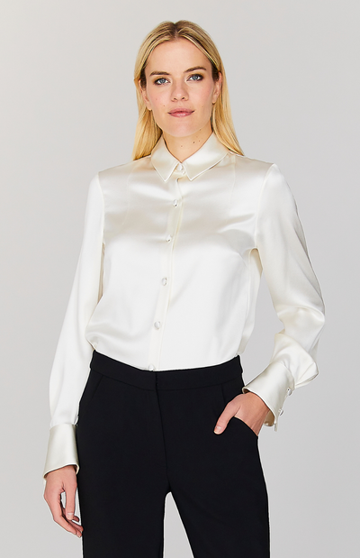 Satin Button Down Collared Shirt w/Relaxed Sleeve