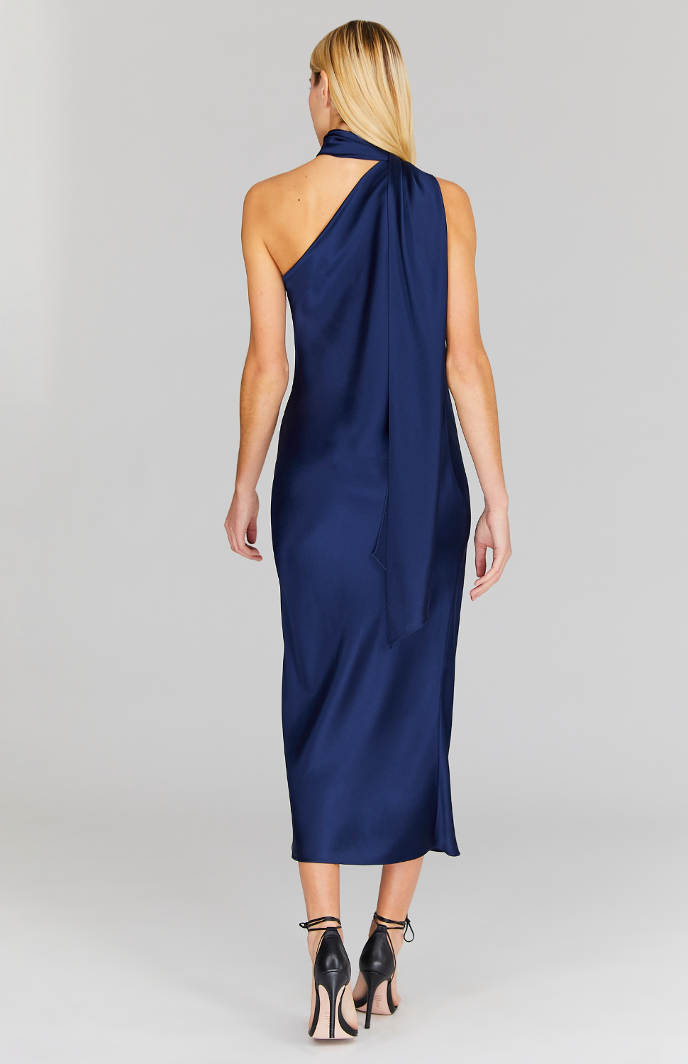 Satin One Shoulder Bias Dress w/ Scarf