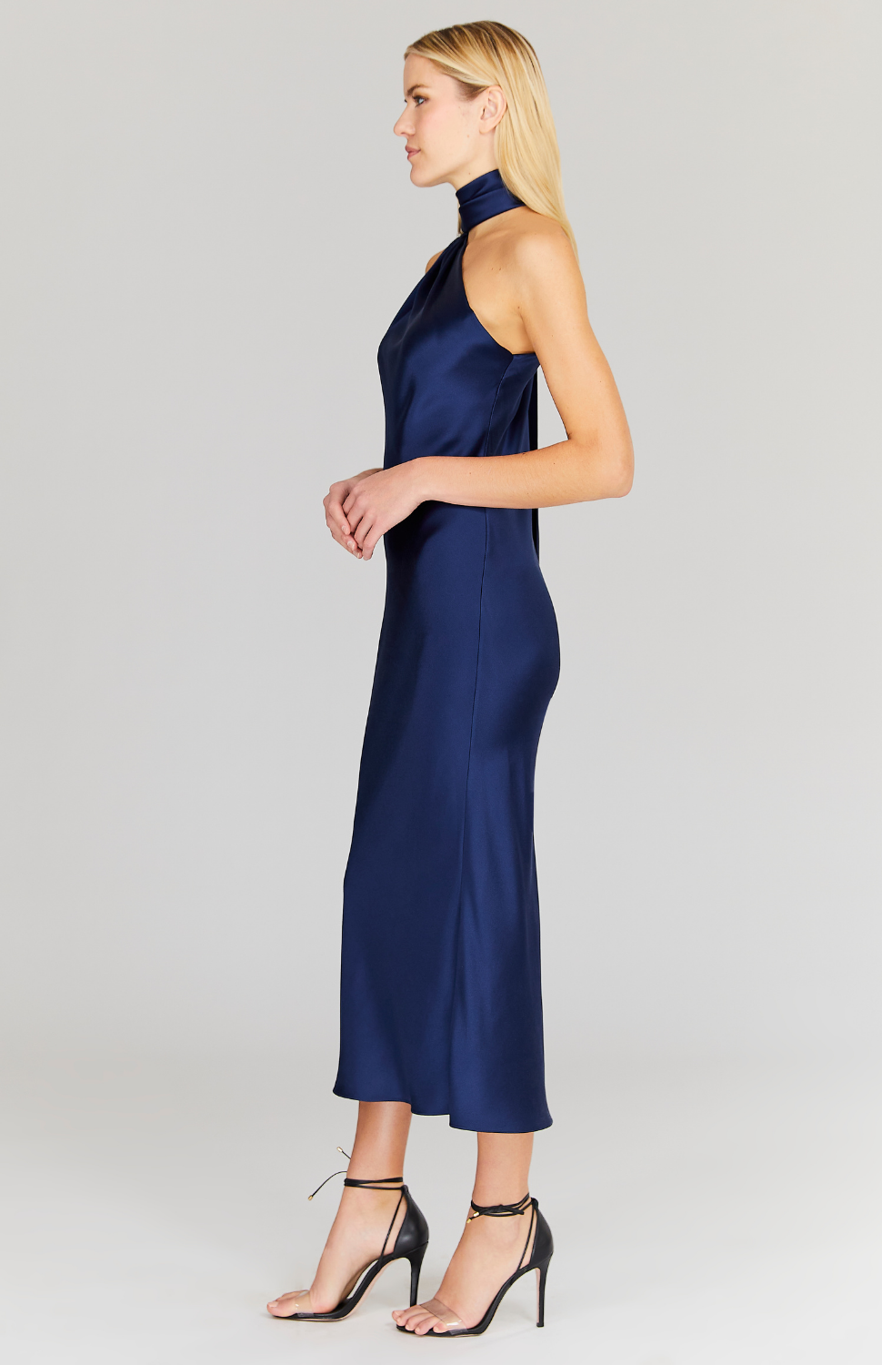 Satin One Shoulder Bias Dress w/ Scarf