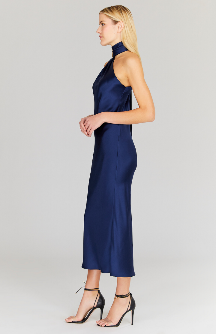 Satin One Shoulder Bias Dress w/ Scarf