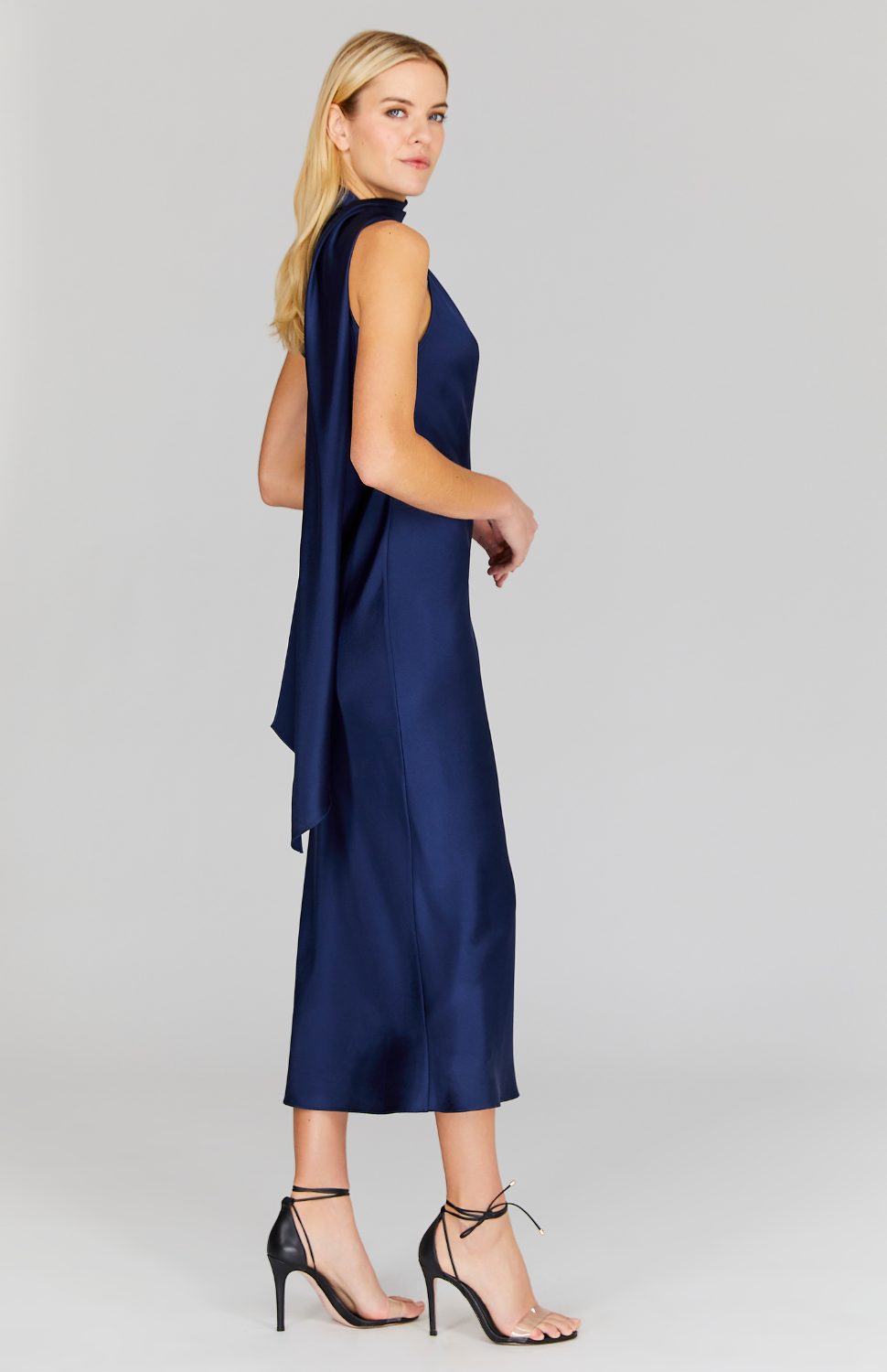 Satin One Shoulder Bias Dress w/ Scarf