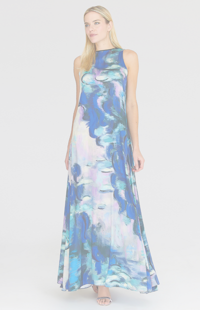 Water Lilies Long Trapeze Gown w/ Pleat Skirt